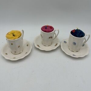 Vintage Lot Of 3 Tea Cup W/Saucer Pin Cushions Yellow, Orange & Blue Florals